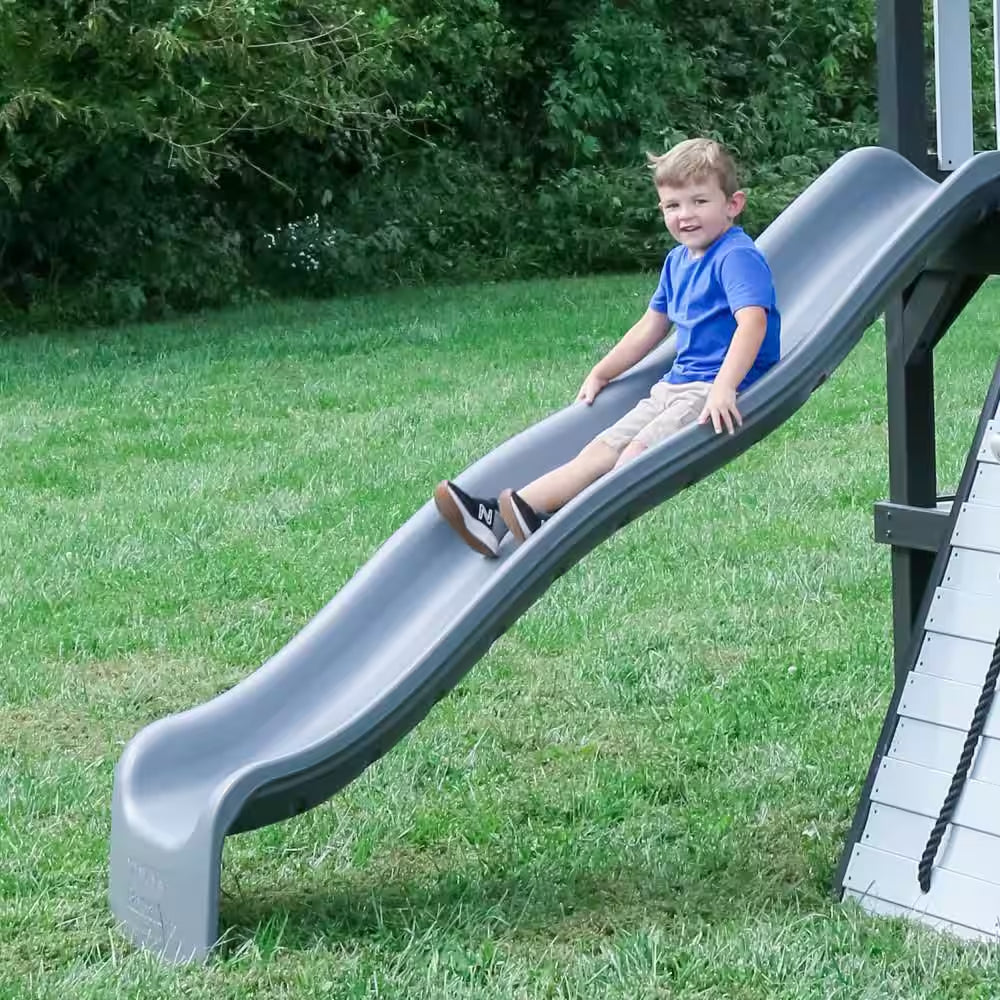 Whispering Point Outdoor Playground Set W/ Upper Clubhouse, Web Swing, Rock Wall, Swing Set, and Playset Kitchen
