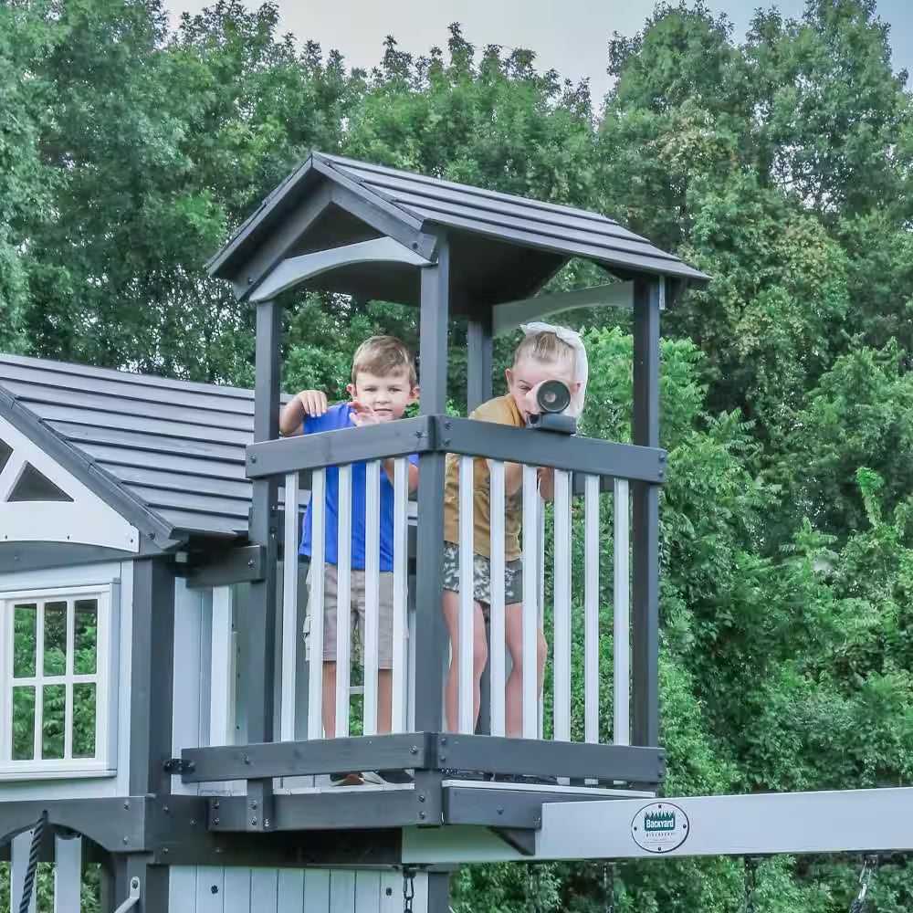 Whispering Point Outdoor Playground Set W/ Upper Clubhouse, Web Swing, Rock Wall, Swing Set, and Playset Kitchen