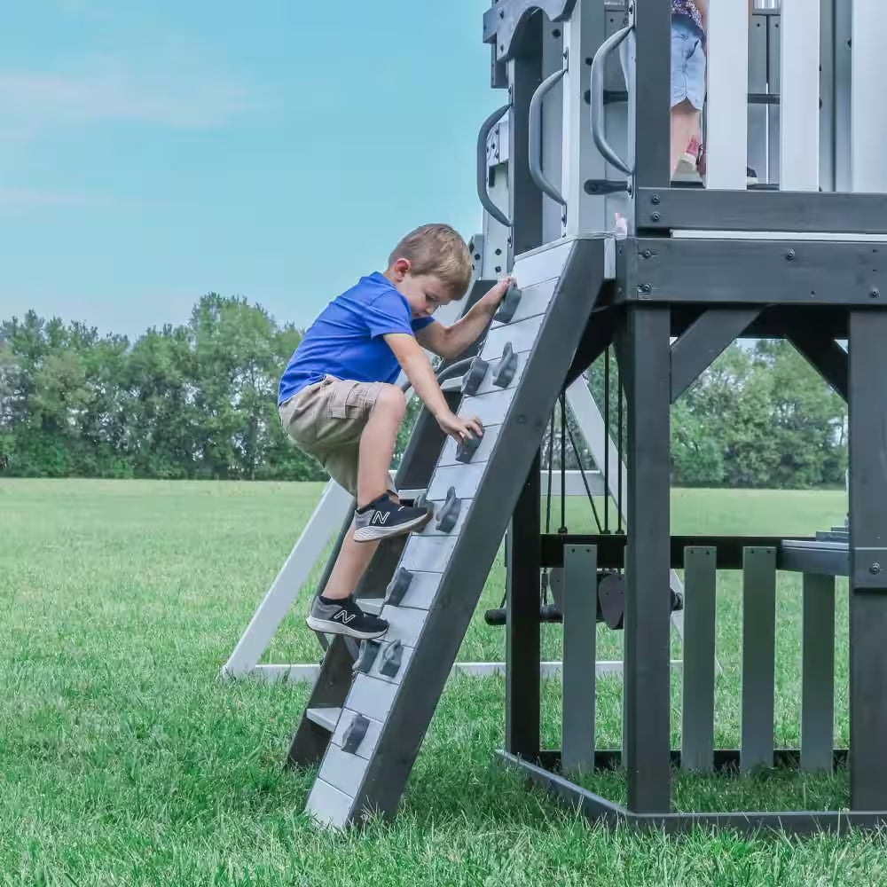 Whispering Point Outdoor Playground Set W/ Upper Clubhouse, Web Swing, Rock Wall, Swing Set, and Playset Kitchen