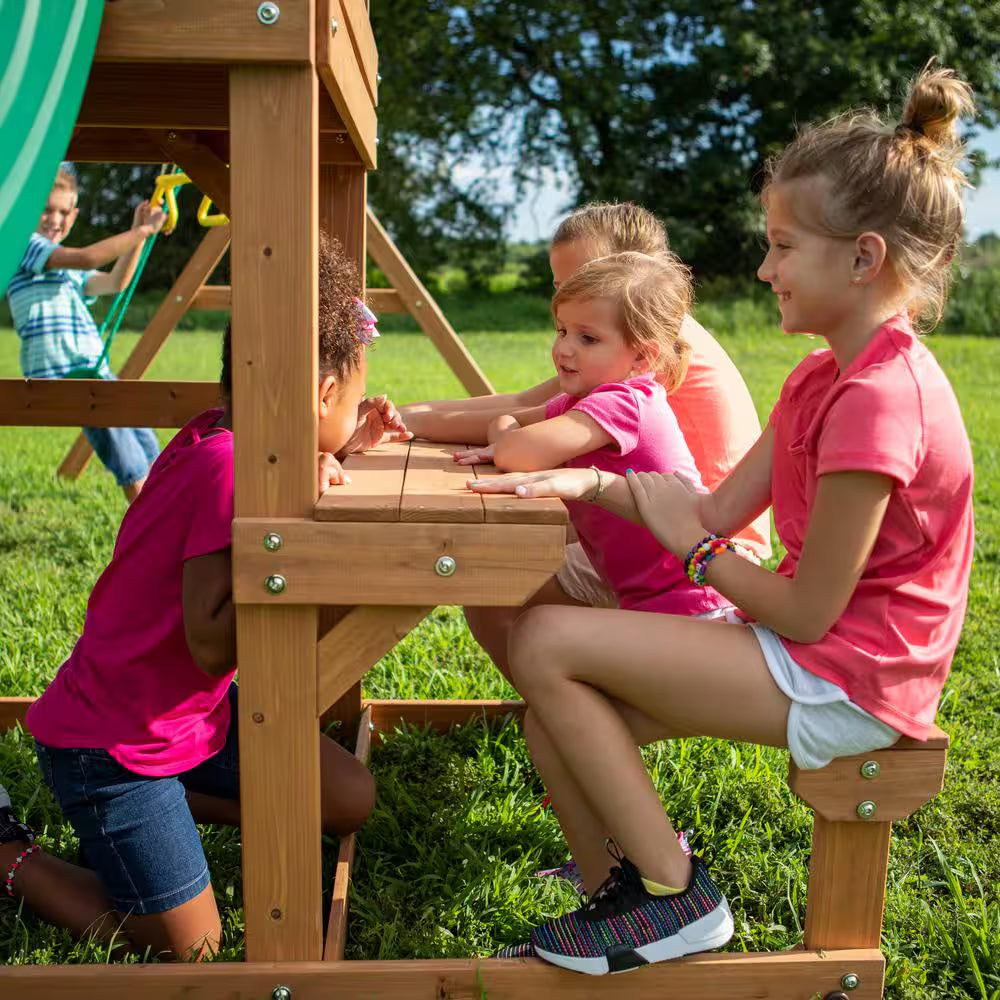 Belmont Outdoor Kid'S Playground Set W/ Elevated Clubhouse, Sandbox Area, Rockwall, Swing Set, and Wave Slide