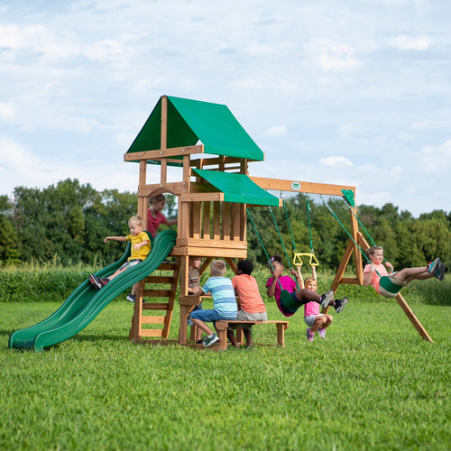 Belmont Cedar Wood Swing Set, Slide, Play Deck, Rock Wall Ladder