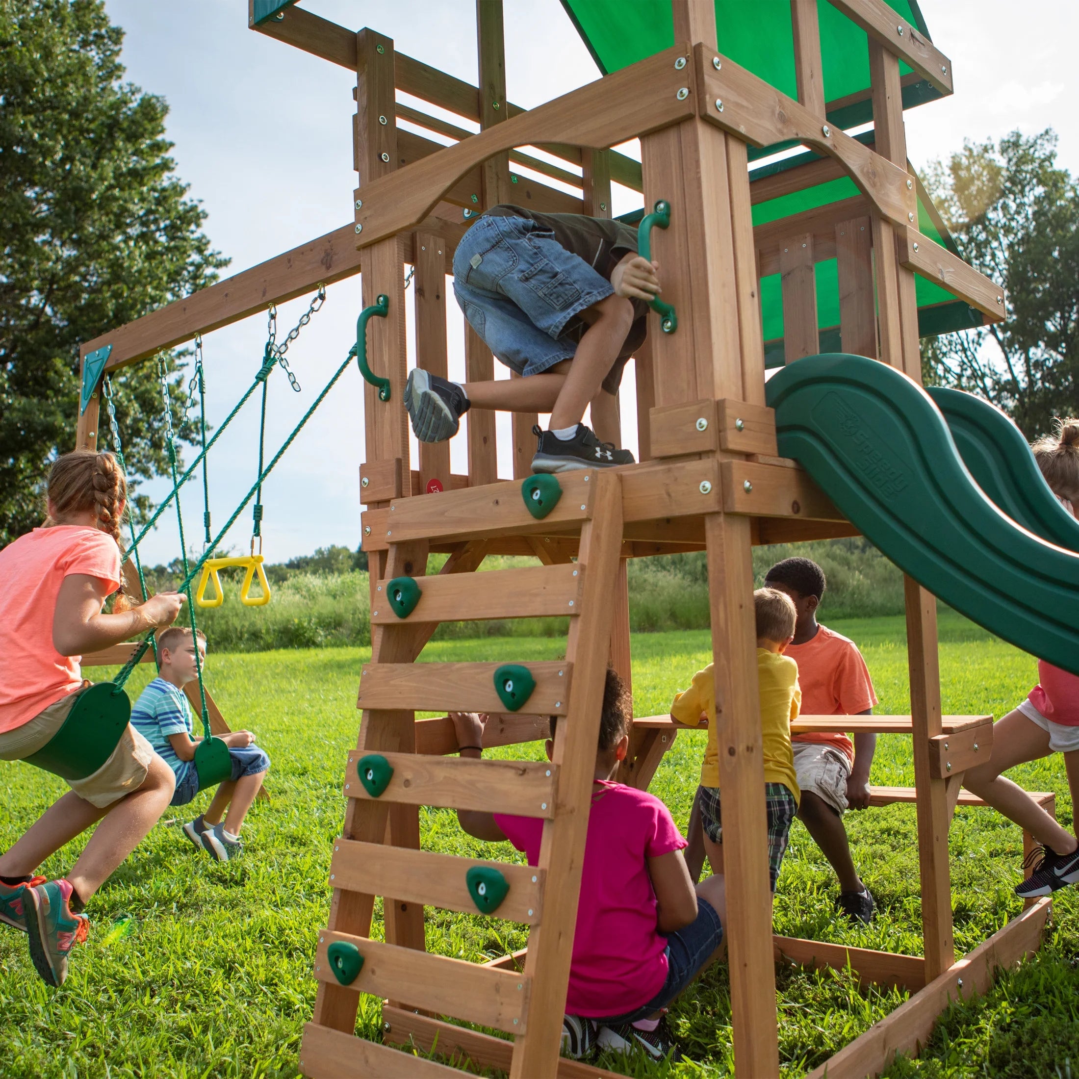 Belmont Cedar Wood Swing Set, Slide, Play Deck, Rock Wall Ladder