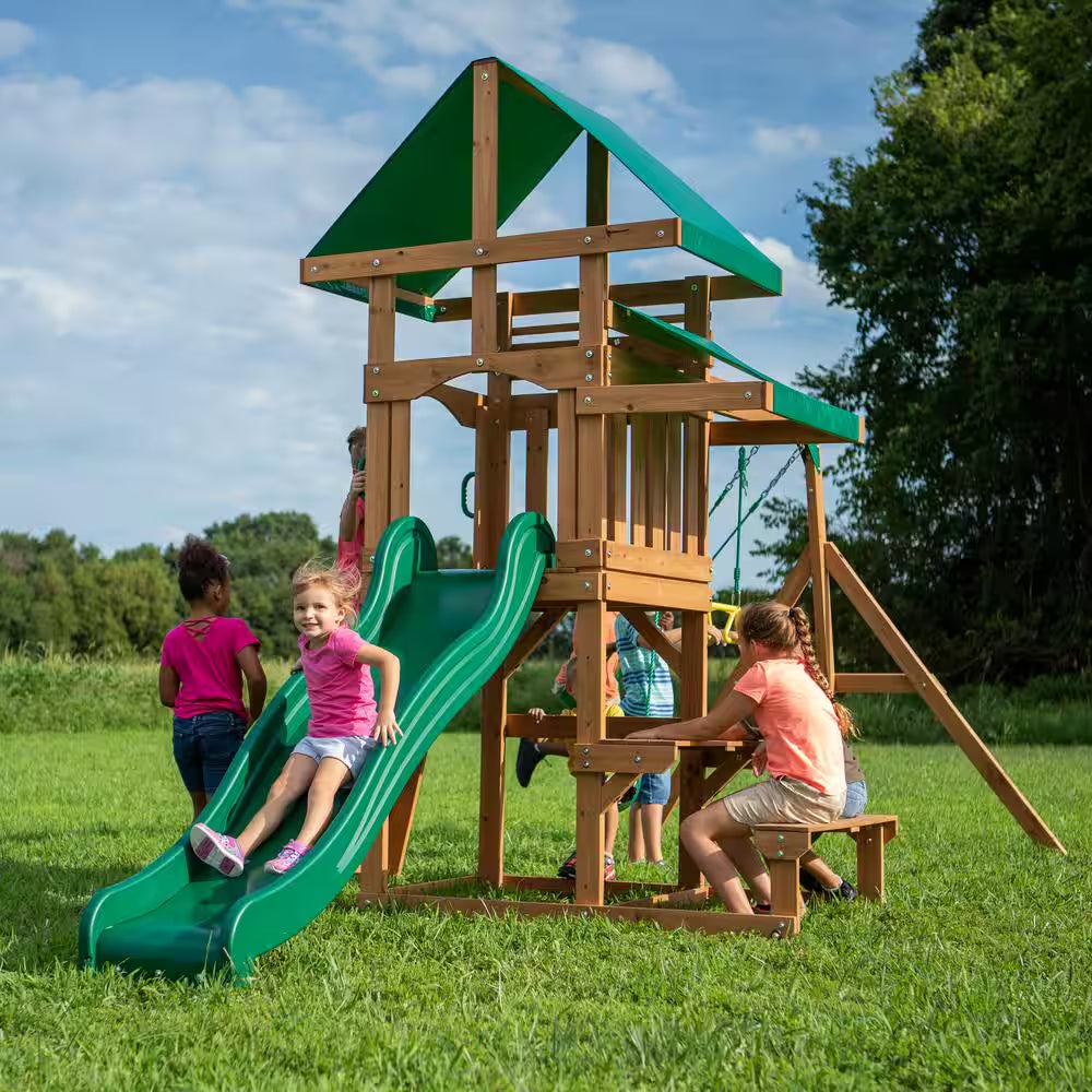 Belmont Outdoor Kid'S Playground Set W/ Elevated Clubhouse, Sandbox Area, Rockwall, Swing Set, and Wave Slide