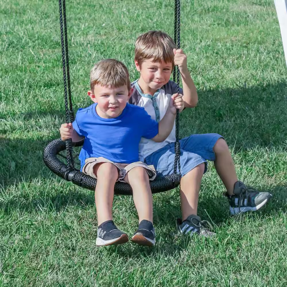 Whispering Point Outdoor Playground Set W/ Upper Clubhouse, Web Swing, Rock Wall, Swing Set, and Playset Kitchen