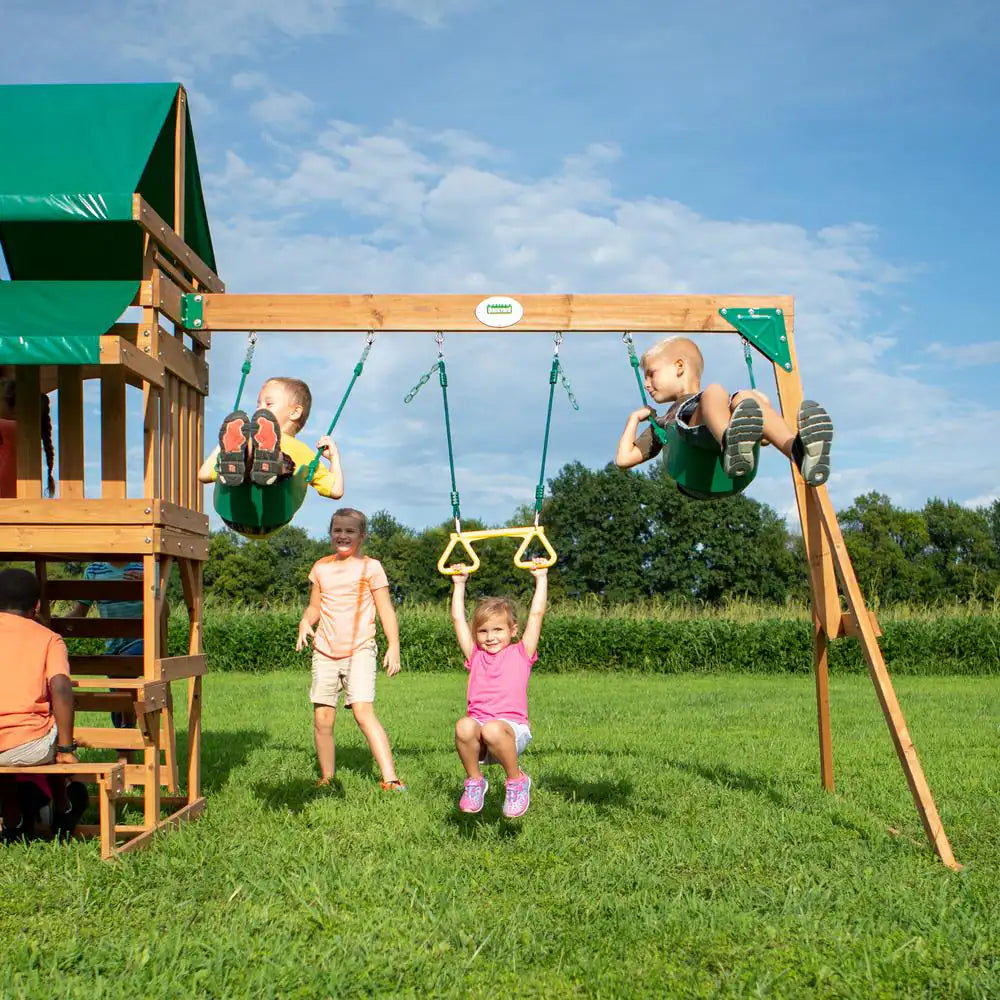 Belmont Outdoor Kid'S Playground Set W/ Elevated Clubhouse, Sandbox Area, Rockwall, Swing Set, and Wave Slide